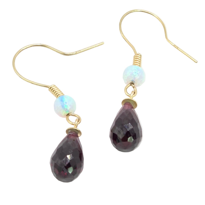 Vintage: 9ct Yellow Gold Opal & Garnet Briolette Drop Earrings