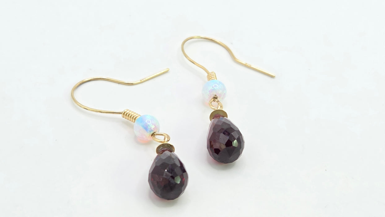 Vintage: 9ct Yellow Gold Opal & Garnet Briolette Drop Earrings