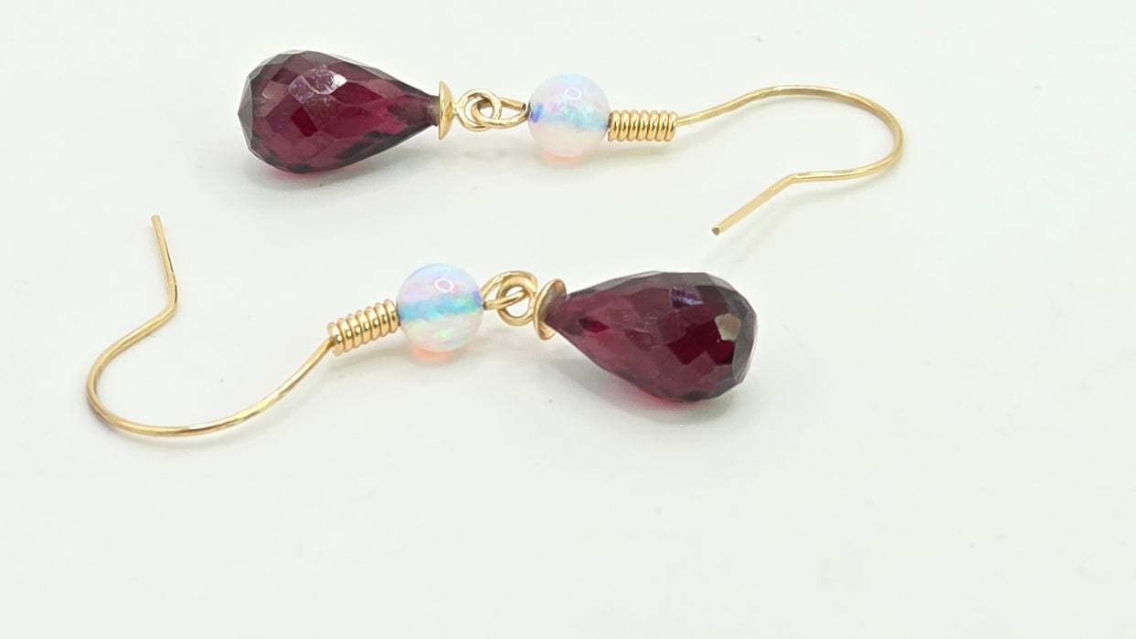 Vintage: 9ct Yellow Gold Opal & Garnet Briolette Drop Earrings