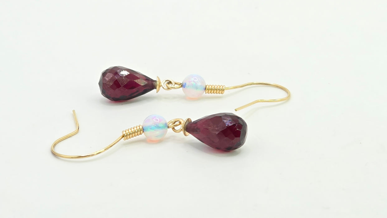 Vintage: 9ct Yellow Gold Opal & Garnet Briolette Drop Earrings