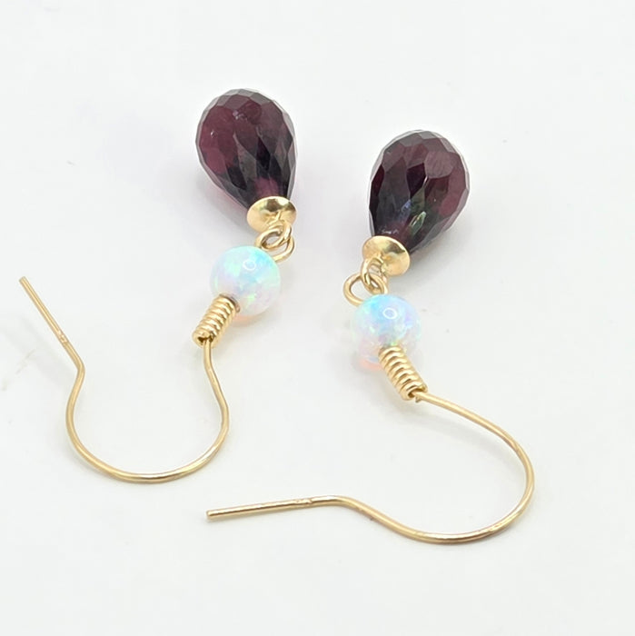 Vintage: 9ct Yellow Gold Opal & Garnet Briolette Drop Earrings
