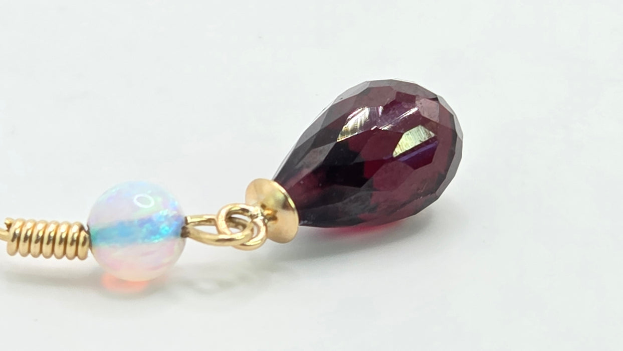 Vintage: 9ct Yellow Gold Opal & Garnet Briolette Drop Earrings
