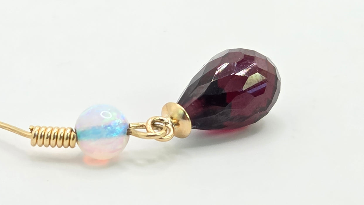 Vintage: 9ct Yellow Gold Opal & Garnet Briolette Drop Earrings