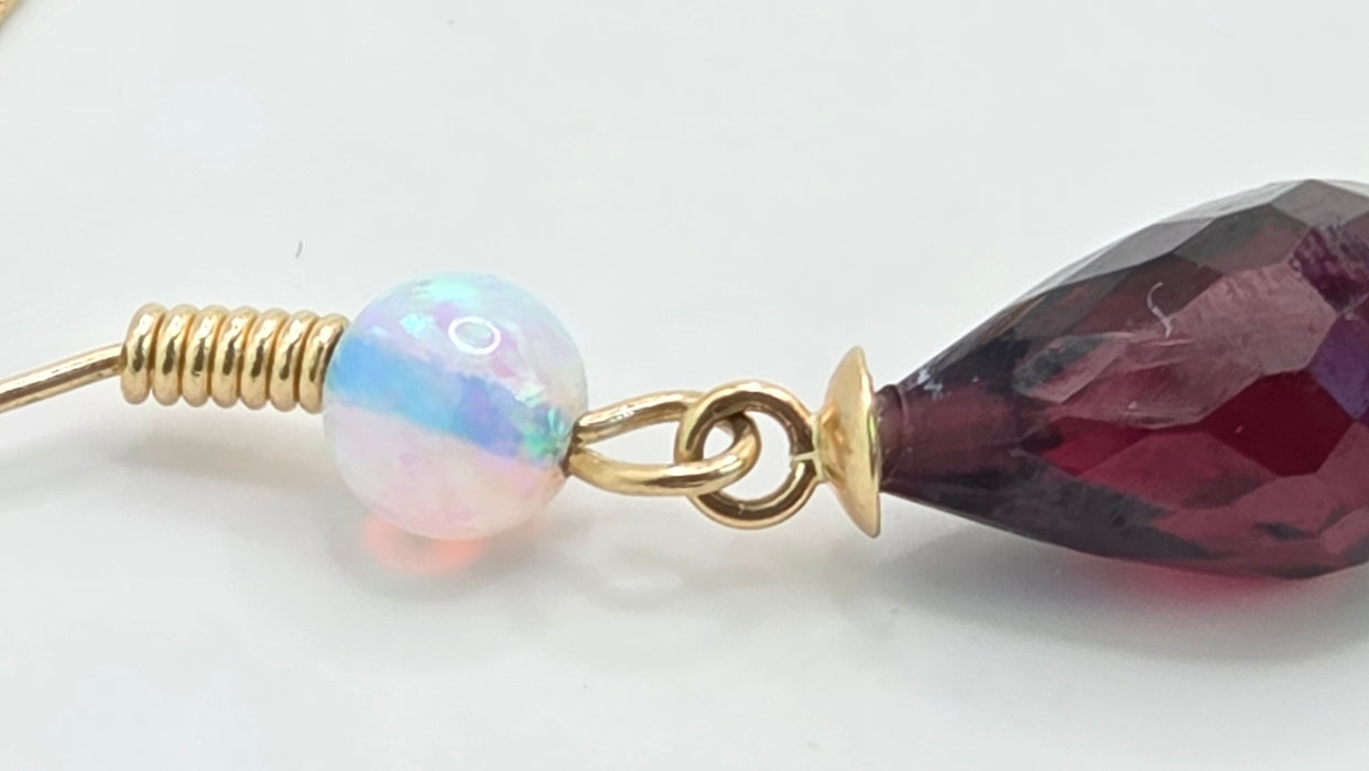 Vintage: 9ct Yellow Gold Opal & Garnet Briolette Drop Earrings