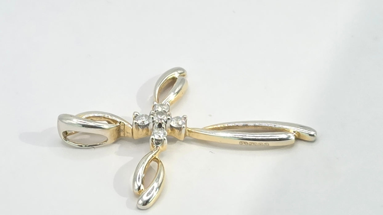 Vintage: 9ct Yellow & White Gold Diamond Five Stone Cross Pendant