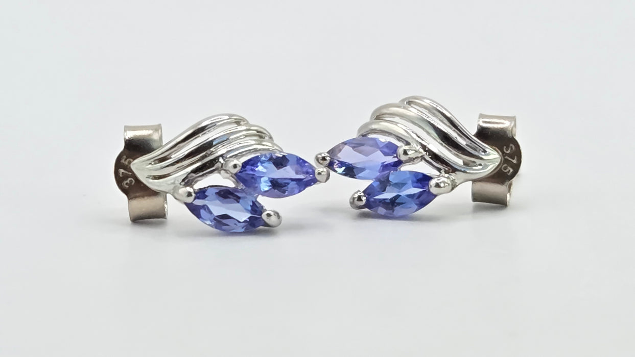 Vintage: 9ct White Gold Twin Marquise Tanzanite Leaf Stud Earrings