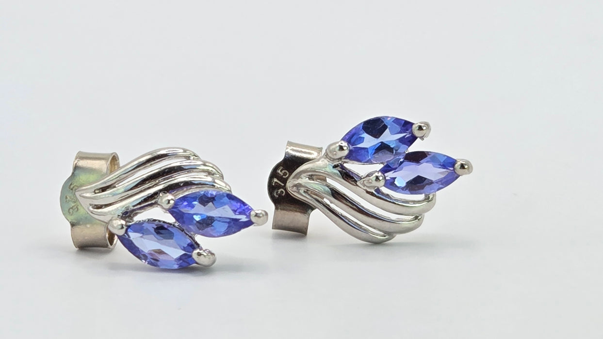 Vintage: 9ct White Gold Twin Marquise Tanzanite Leaf Stud Earrings