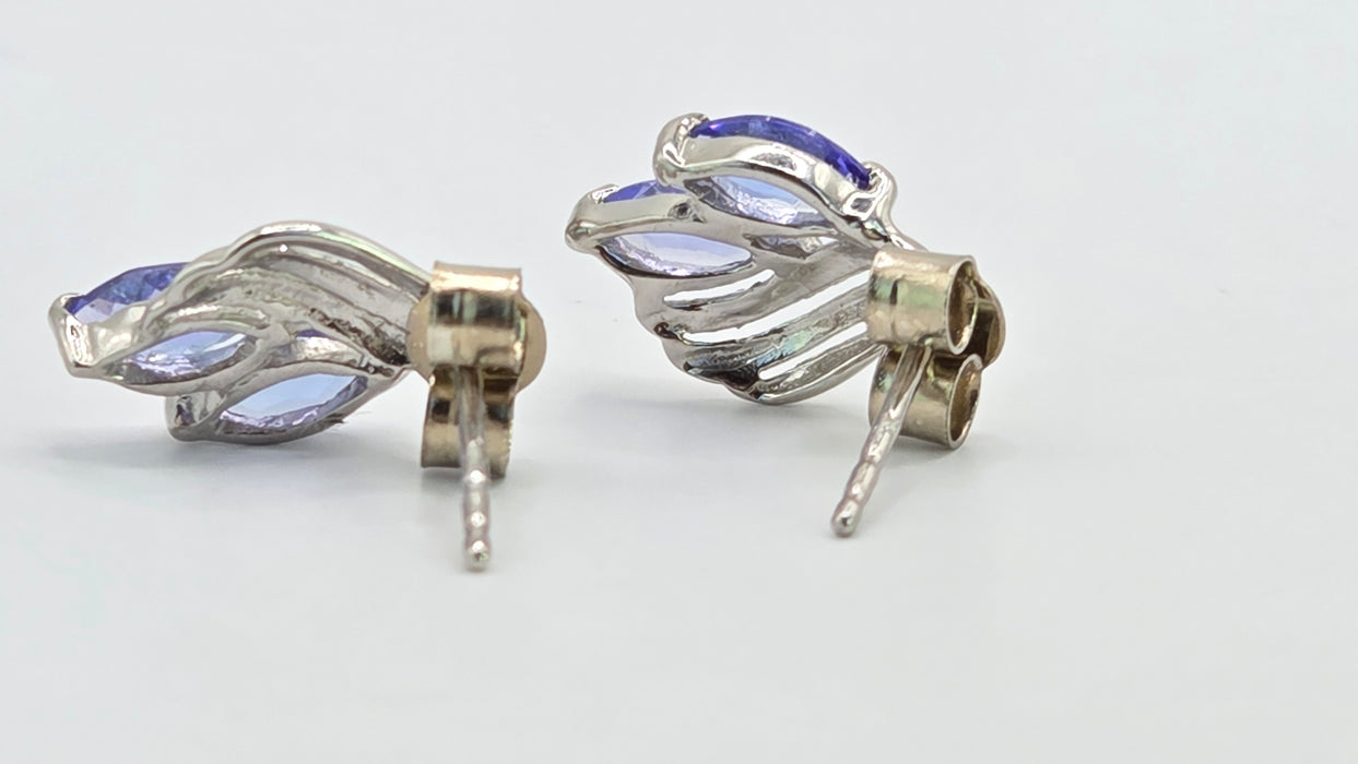Vintage: 9ct White Gold Twin Marquise Tanzanite Leaf Stud Earrings