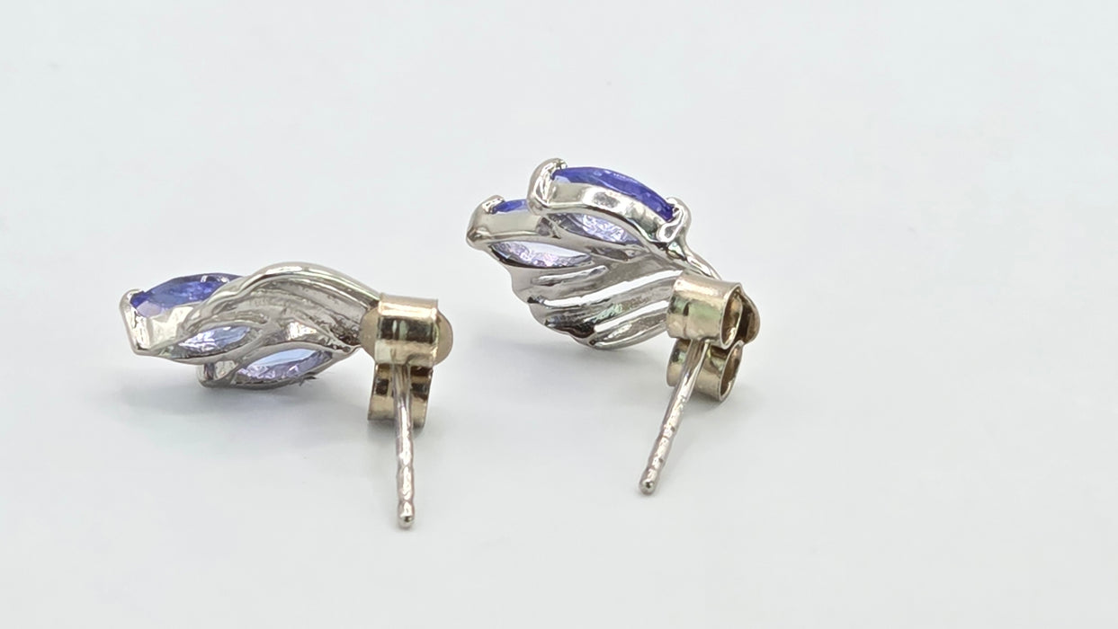 Vintage: 9ct White Gold Twin Marquise Tanzanite Leaf Stud Earrings