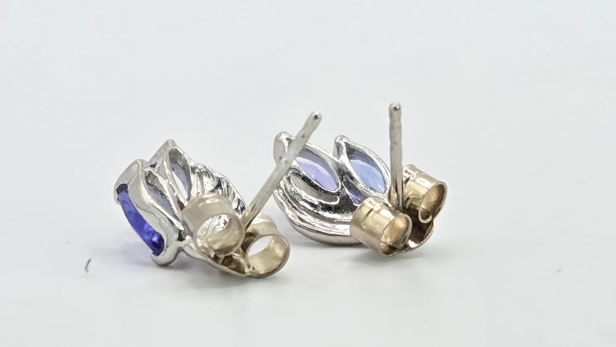 Vintage: 9ct White Gold Twin Marquise Tanzanite Leaf Stud Earrings