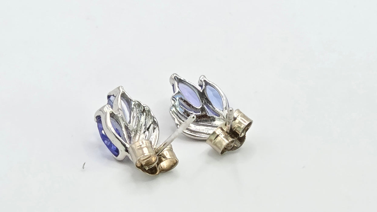 Vintage: 9ct White Gold Twin Marquise Tanzanite Leaf Stud Earrings