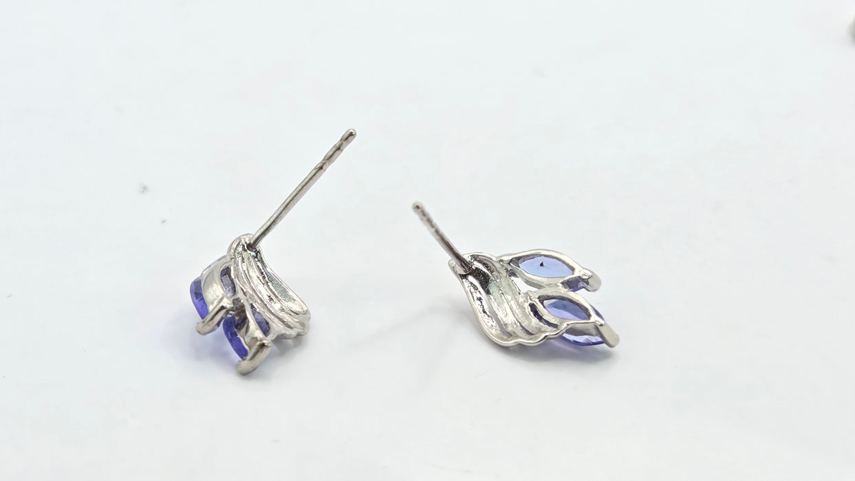 Vintage: 9ct White Gold Twin Marquise Tanzanite Leaf Stud Earrings