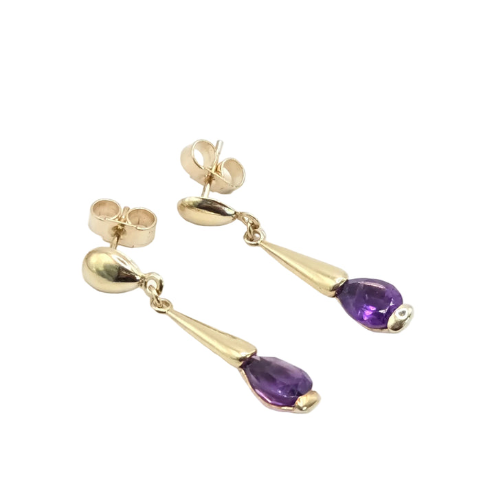 Vintage: 9ct Yellow Gold Pear Amethyst Torpedo Drop Earrings