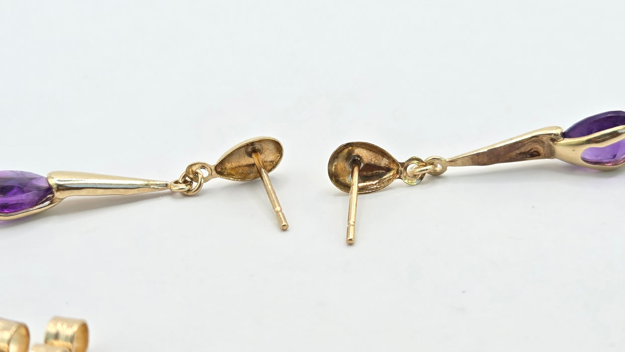 Vintage: 9ct Yellow Gold Pear Amethyst Torpedo Drop Earrings