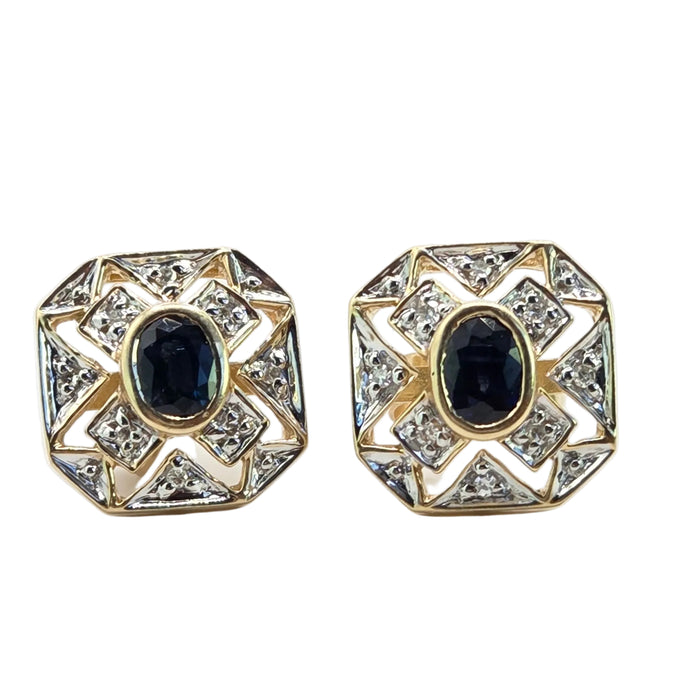 Vintage: 9ct Yellow Gold Sapphire & Diamond Art Deco Style Octagonal Stud Earrings