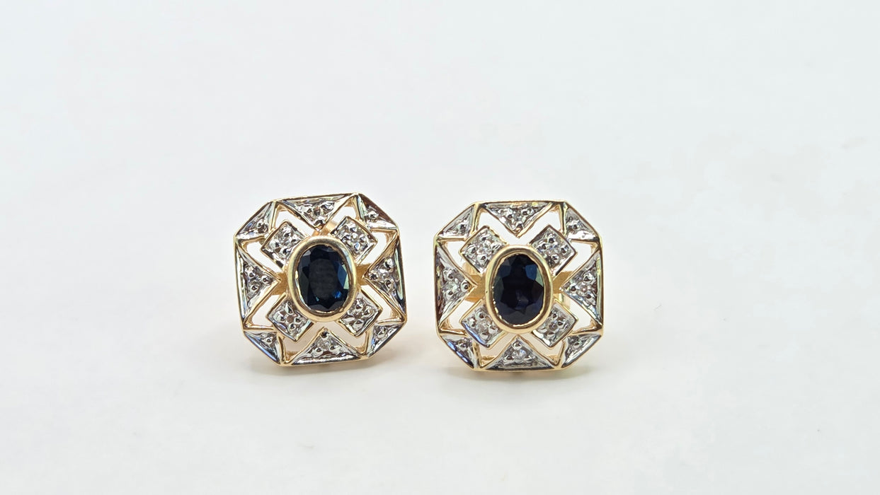 Vintage: 9ct Yellow Gold Sapphire & Diamond Art Deco Style Octagonal Stud Earrings
