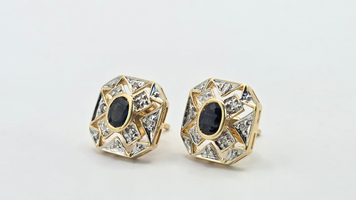Vintage: 9ct Yellow Gold Sapphire & Diamond Art Deco Style Octagonal Stud Earrings