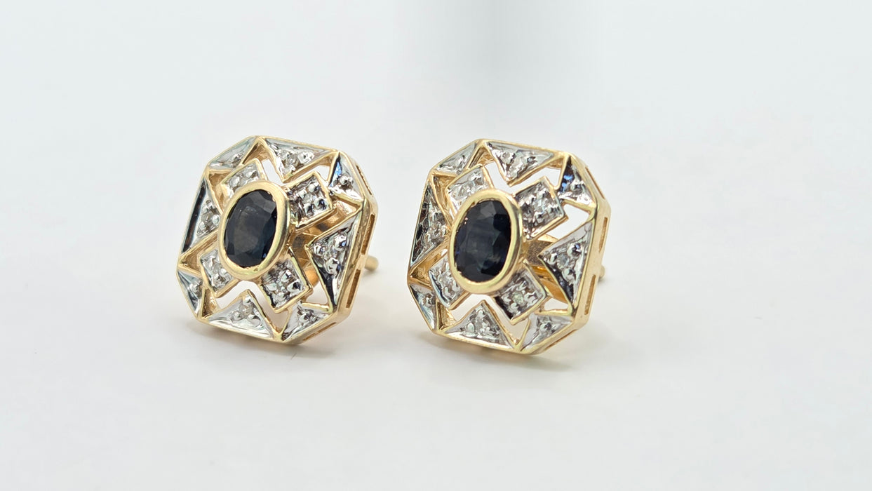 Vintage: 9ct Yellow Gold Sapphire & Diamond Art Deco Style Octagonal Stud Earrings
