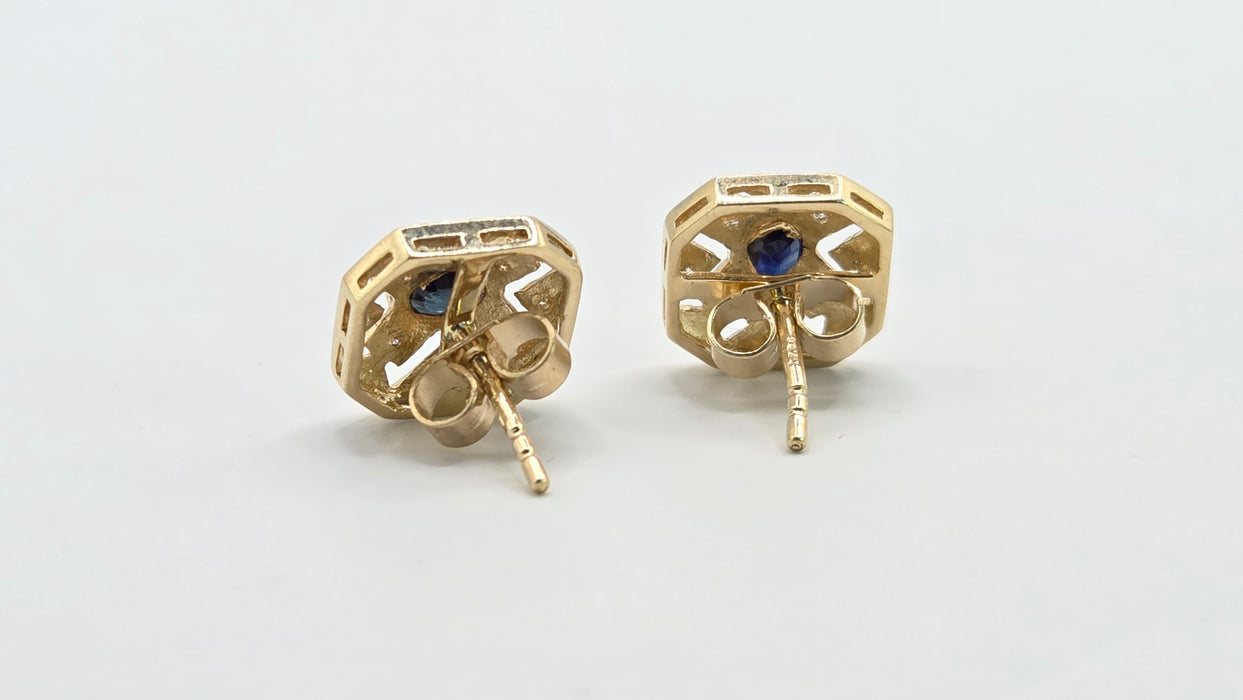 Vintage: 9ct Yellow Gold Sapphire & Diamond Art Deco Style Octagonal Stud Earrings