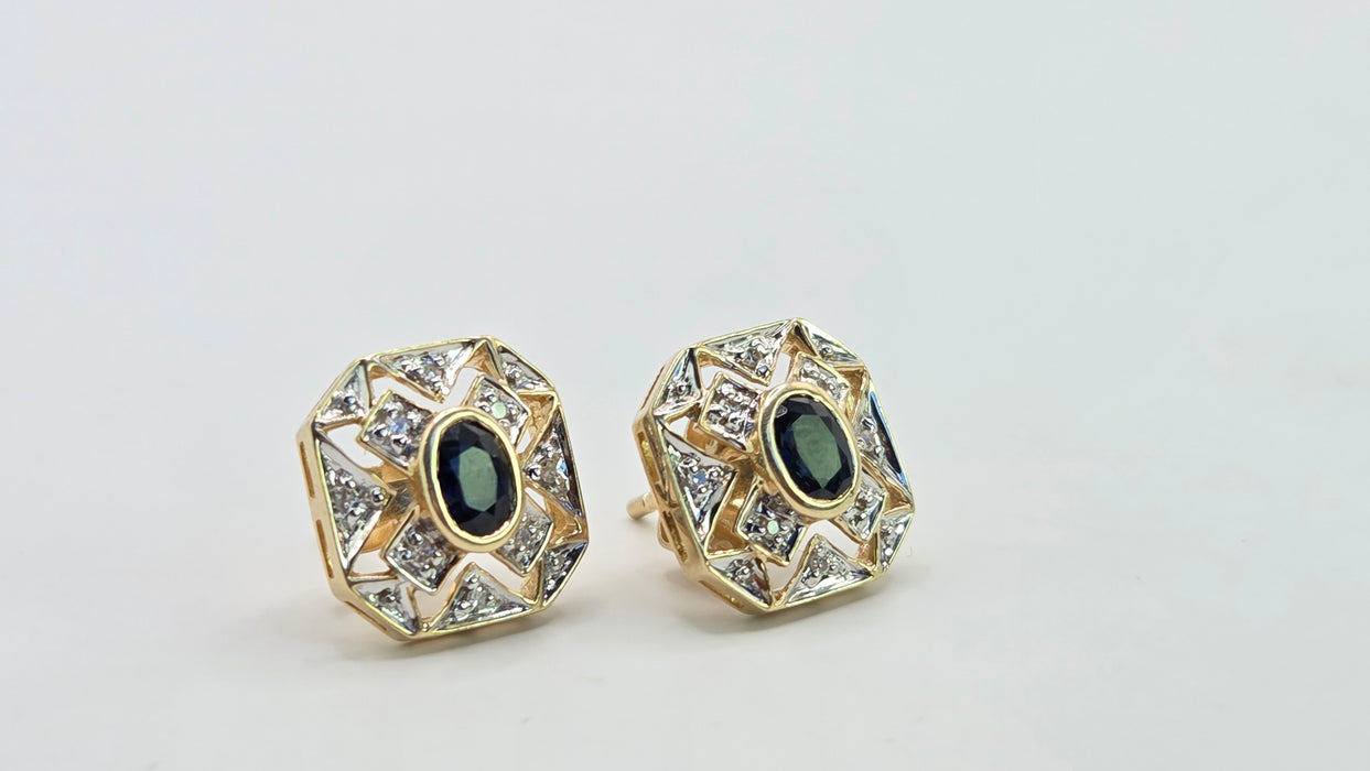 Vintage: 9ct Yellow Gold Sapphire & Diamond Art Deco Style Octagonal Stud Earrings