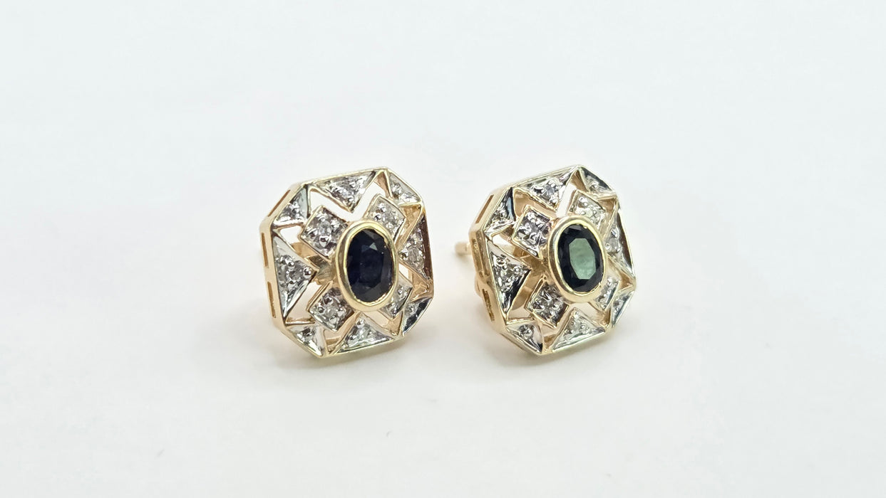 Vintage: 9ct Yellow Gold Sapphire & Diamond Art Deco Style Octagonal Stud Earrings