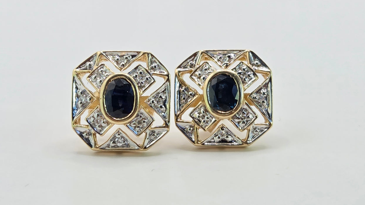Vintage: 9ct Yellow Gold Sapphire & Diamond Art Deco Style Octagonal Stud Earrings