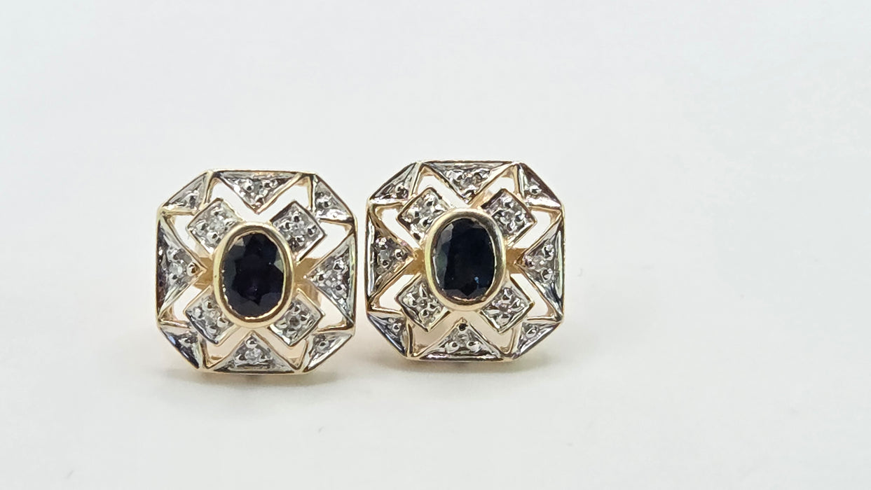 Vintage: 9ct Yellow Gold Sapphire & Diamond Art Deco Style Octagonal Stud Earrings