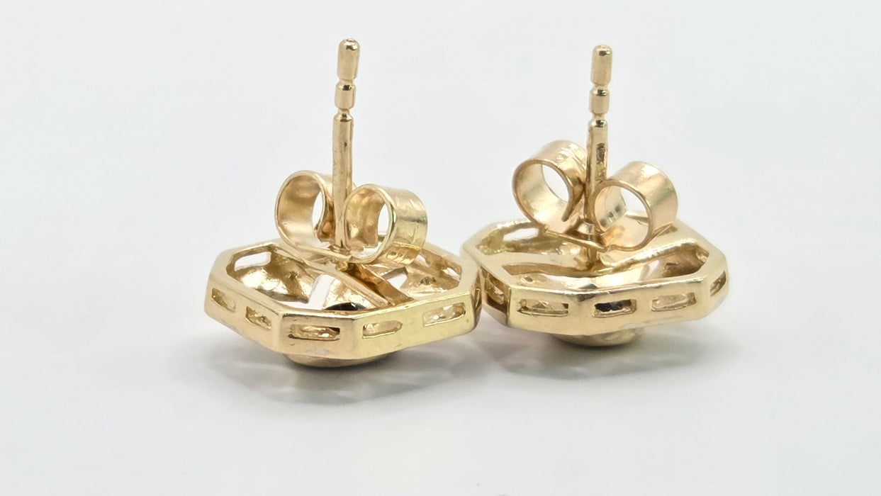 Vintage: 9ct Yellow Gold Sapphire & Diamond Art Deco Style Octagonal Stud Earrings