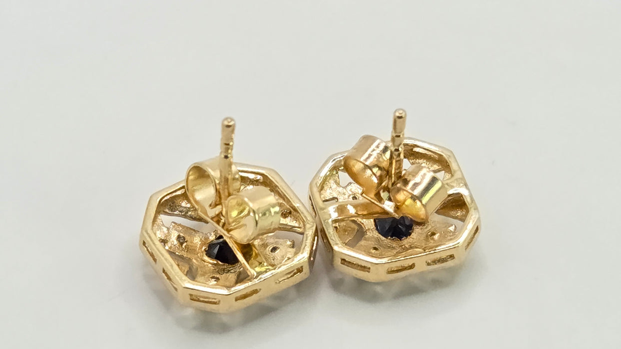 Vintage: 9ct Yellow Gold Sapphire & Diamond Art Deco Style Octagonal Stud Earrings