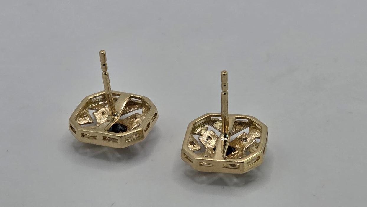 Vintage: 9ct Yellow Gold Sapphire & Diamond Art Deco Style Octagonal Stud Earrings