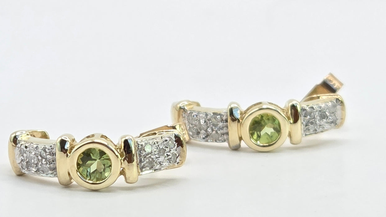 Vintage: 9ct Yellow Gold Peridot & Diamond Alternating Half Hoop Stud Earrings