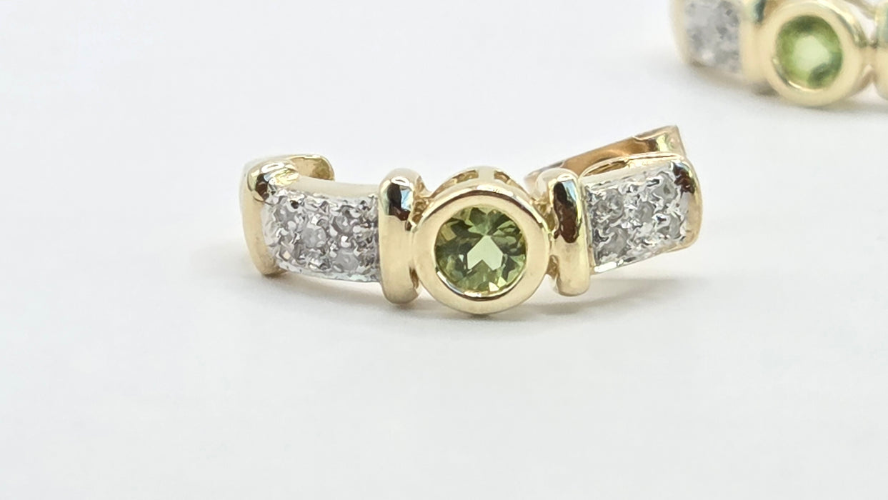 Vintage: 9ct Yellow Gold Peridot & Diamond Alternating Half Hoop Stud Earrings