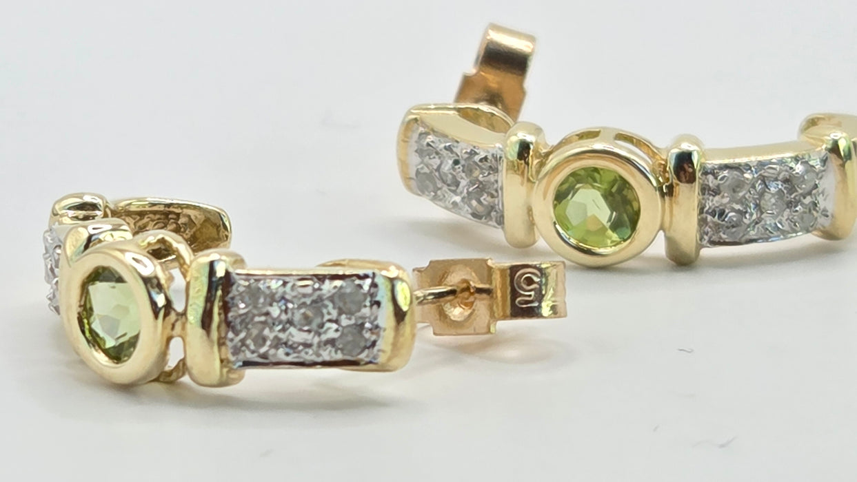 Vintage: 9ct Yellow Gold Peridot & Diamond Alternating Half Hoop Stud Earrings