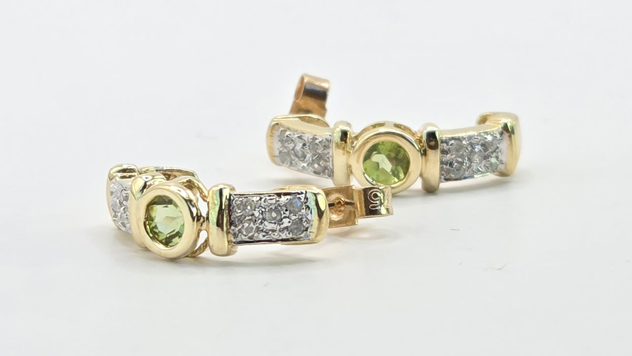 Vintage: 9ct Yellow Gold Peridot & Diamond Alternating Half Hoop Stud Earrings