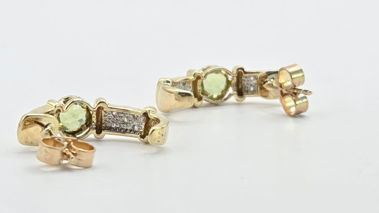 Vintage: 9ct Yellow Gold Peridot & Diamond Alternating Half Hoop Stud Earrings