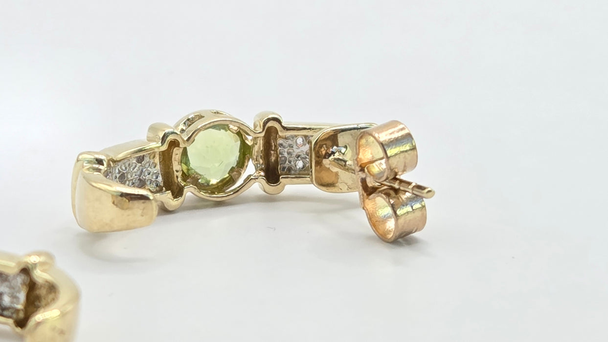 Vintage: 9ct Yellow Gold Peridot & Diamond Alternating Half Hoop Stud Earrings