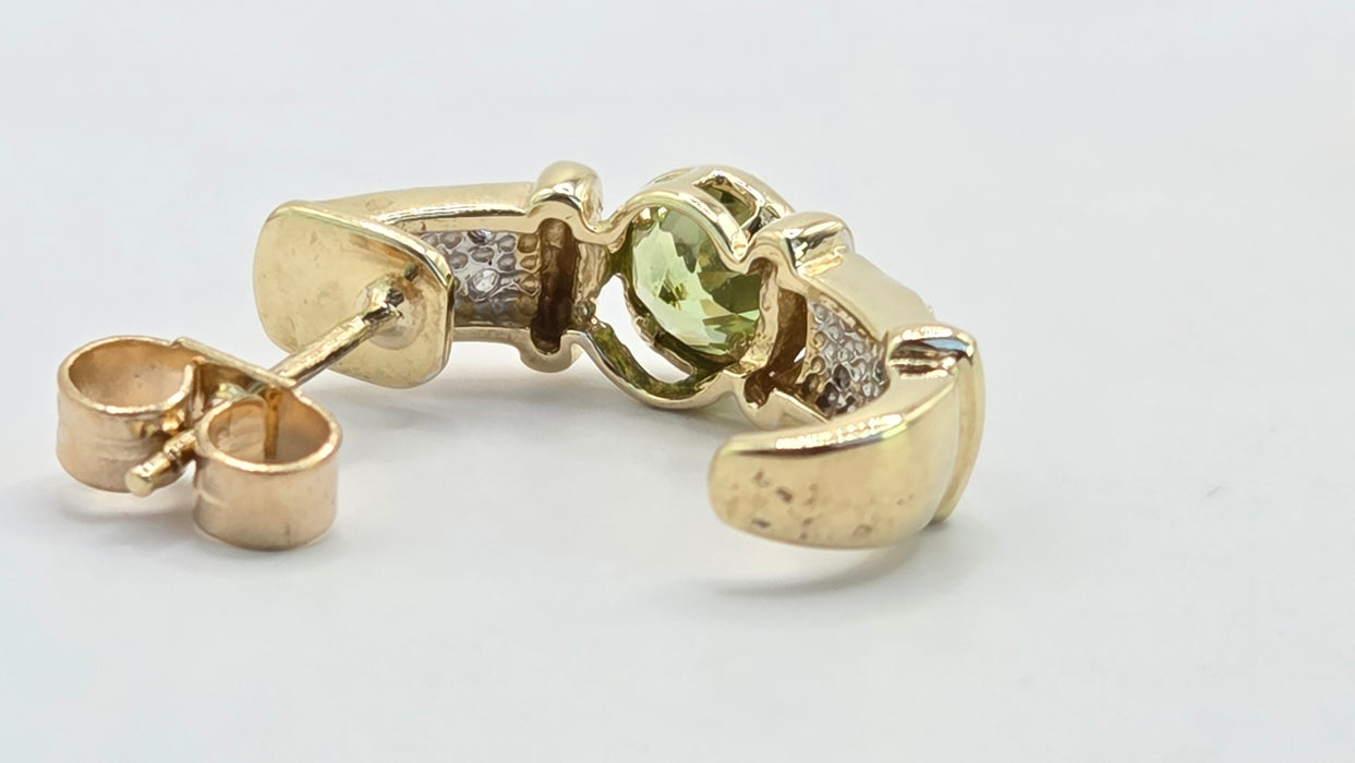 Vintage: 9ct Yellow Gold Peridot & Diamond Alternating Half Hoop Stud Earrings