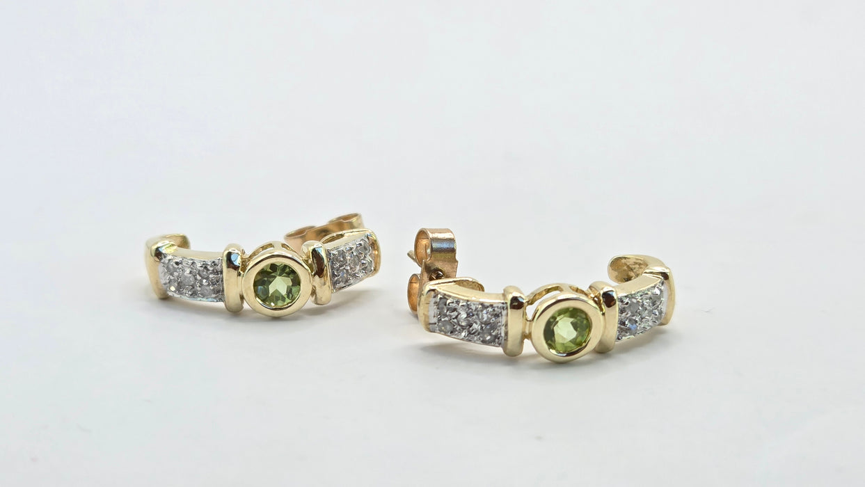 Vintage: 9ct Yellow Gold Peridot & Diamond Alternating Half Hoop Stud Earrings