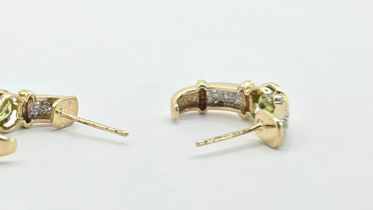 Vintage: 9ct Yellow Gold Peridot & Diamond Alternating Half Hoop Stud Earrings