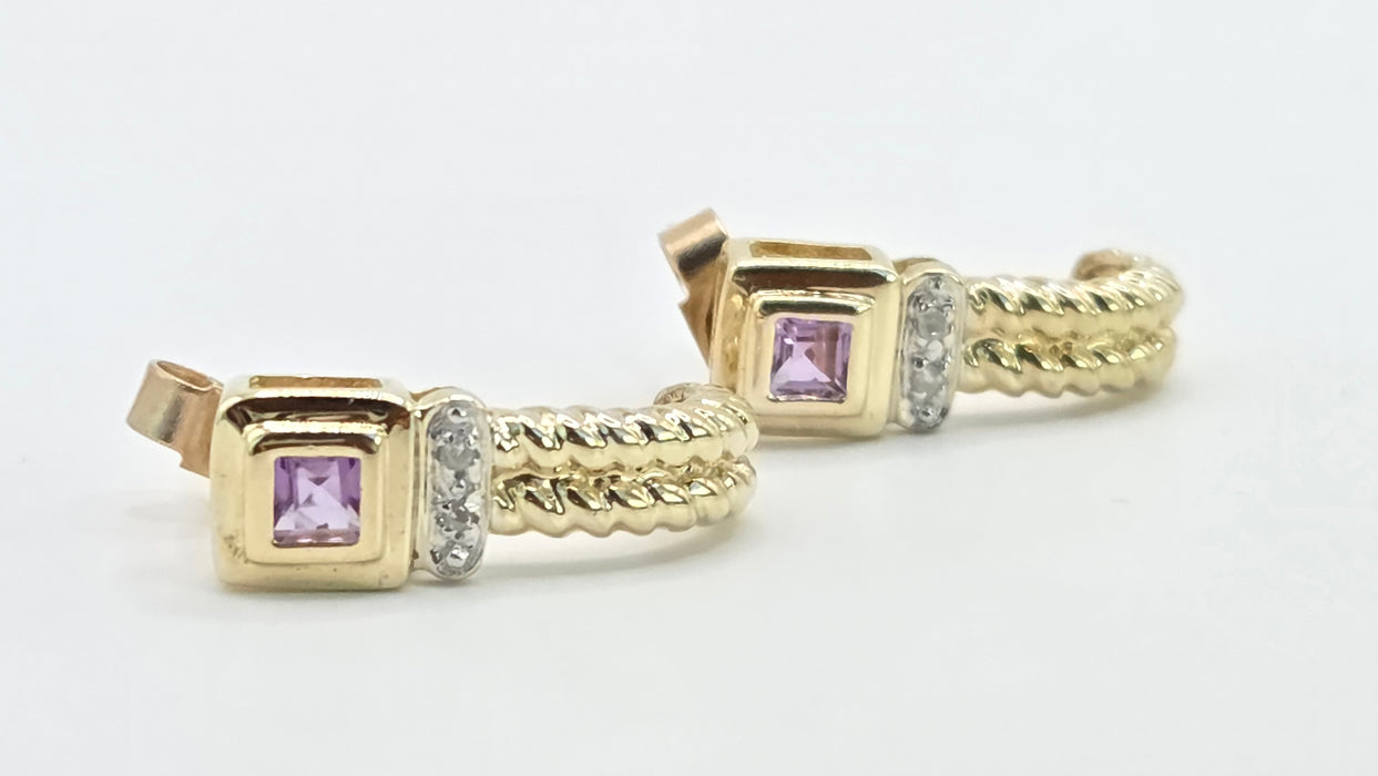 Vintage: 9ct Yellow Gold Amethyst & Diamond Twisted Rope Drop Stud Earrings