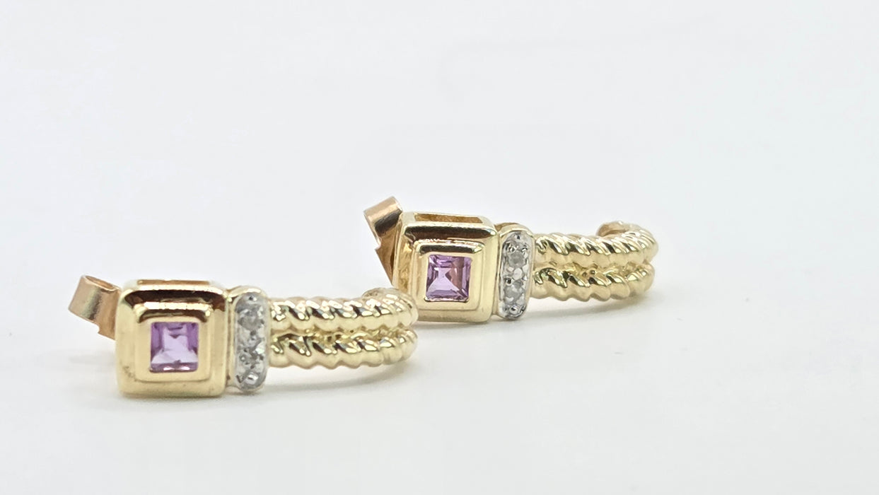 Vintage: 9ct Yellow Gold Amethyst & Diamond Twisted Rope Drop Stud Earrings