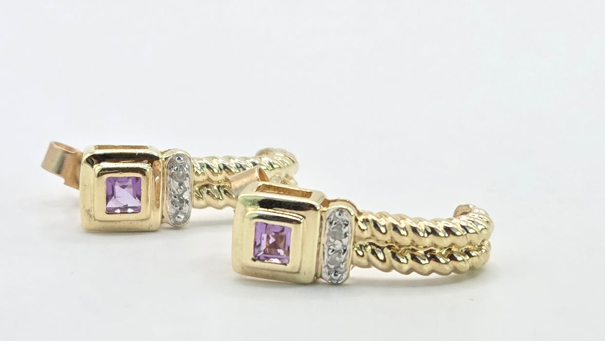 Vintage: 9ct Yellow Gold Amethyst & Diamond Twisted Rope Drop Stud Earrings