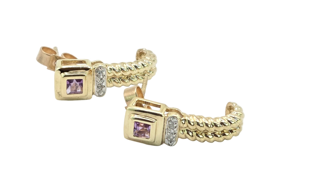 Vintage: 9ct Yellow Gold Amethyst & Diamond Twisted Rope Drop Stud Earrings