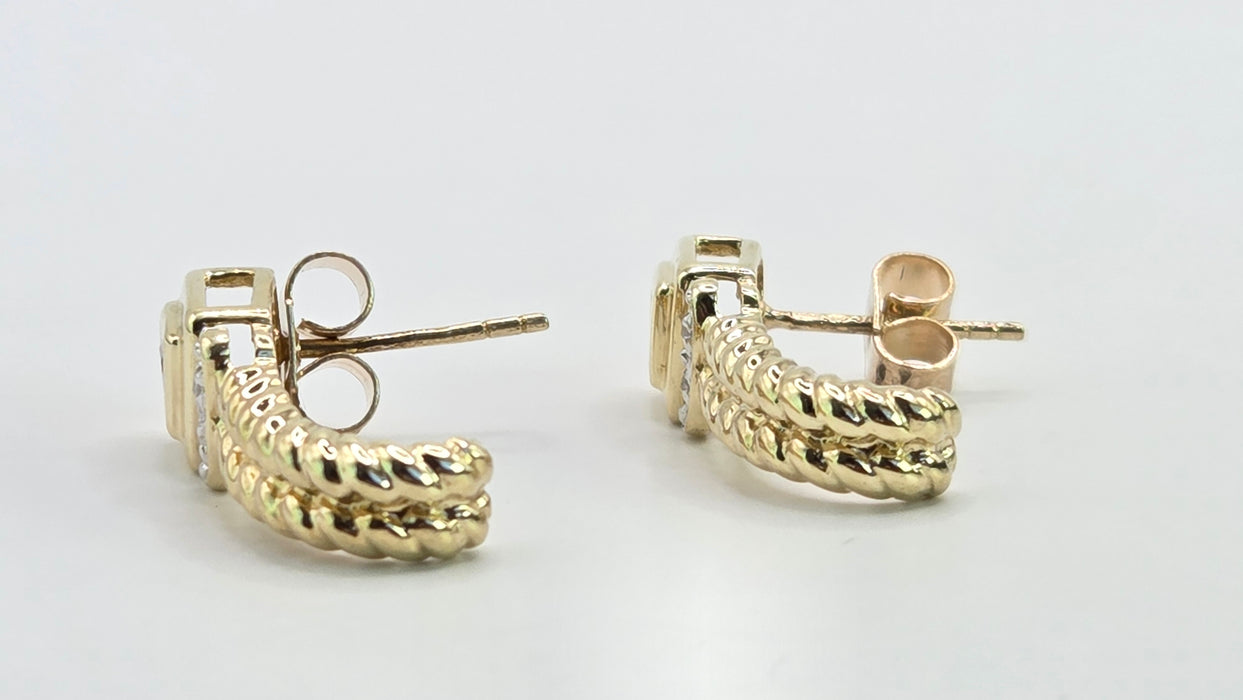 Vintage: 9ct Yellow Gold Amethyst & Diamond Twisted Rope Drop Stud Earrings