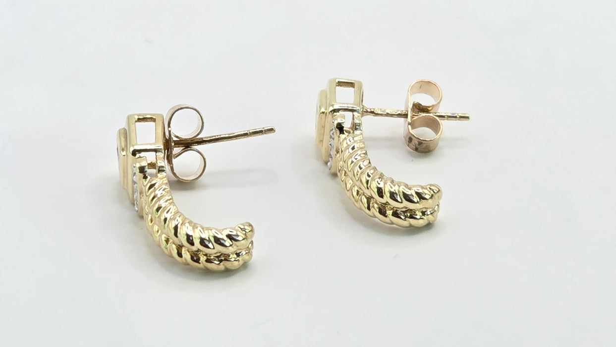 Vintage: 9ct Yellow Gold Amethyst & Diamond Twisted Rope Drop Stud Earrings