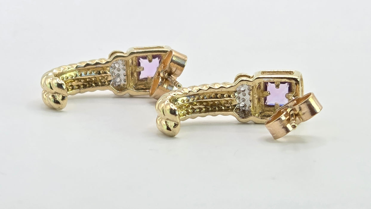 Vintage: 9ct Yellow Gold Amethyst & Diamond Twisted Rope Drop Stud Earrings
