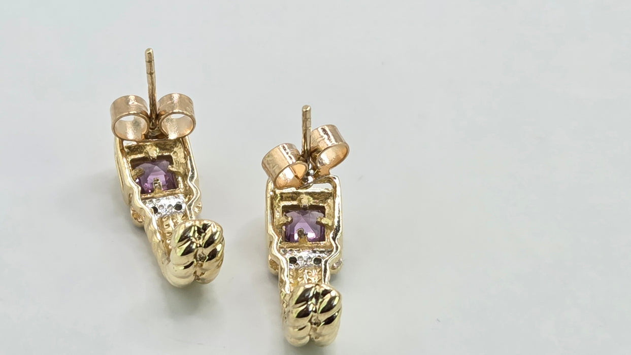 Vintage: 9ct Yellow Gold Amethyst & Diamond Twisted Rope Drop Stud Earrings