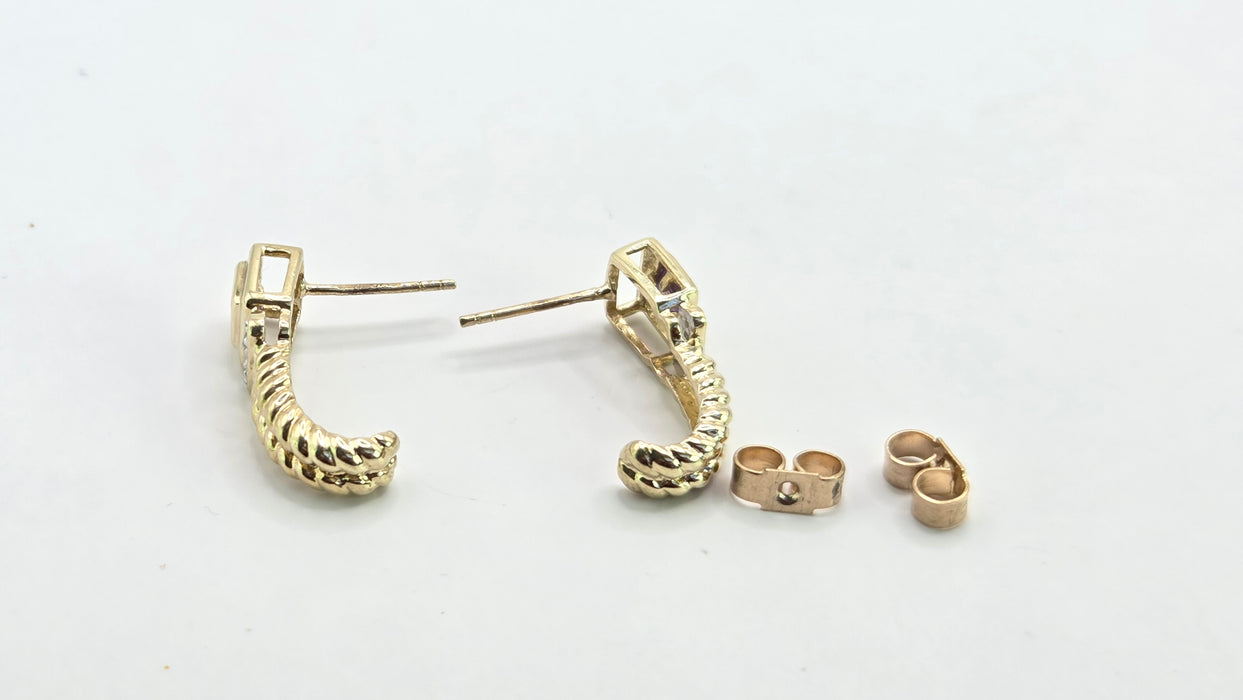 Vintage: 9ct Yellow Gold Amethyst & Diamond Twisted Rope Drop Stud Earrings