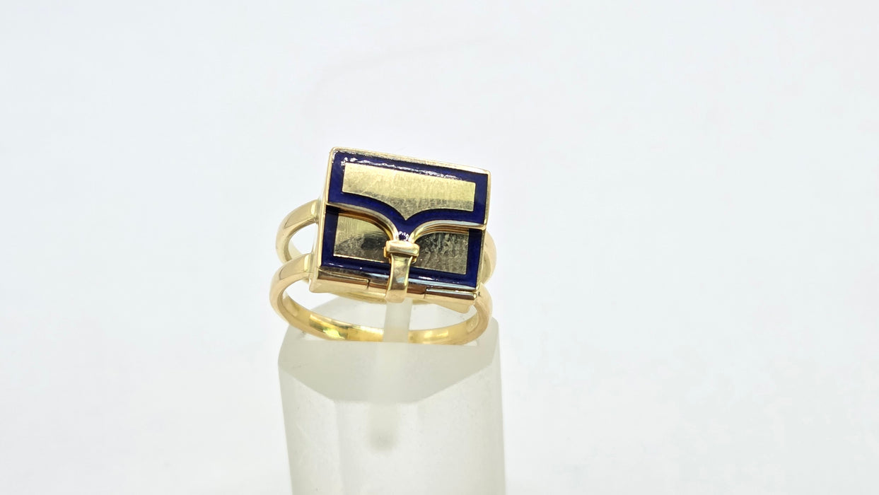 Antique: 18ct Yellow Gold Art Deco Blue Enamel Secret Compartment/ Poison Ring