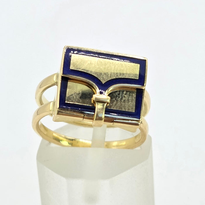 Vintage: 18ct Yellow Gold Art Deco Style Blue Enamel Secret Compartment/ Poison Ring